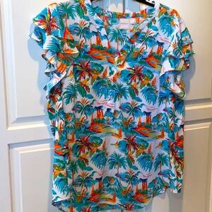 🧜🏽‍♀️Zac & Rachel Vibrant tropical Print Ruffle sleeve Blouse plus size.